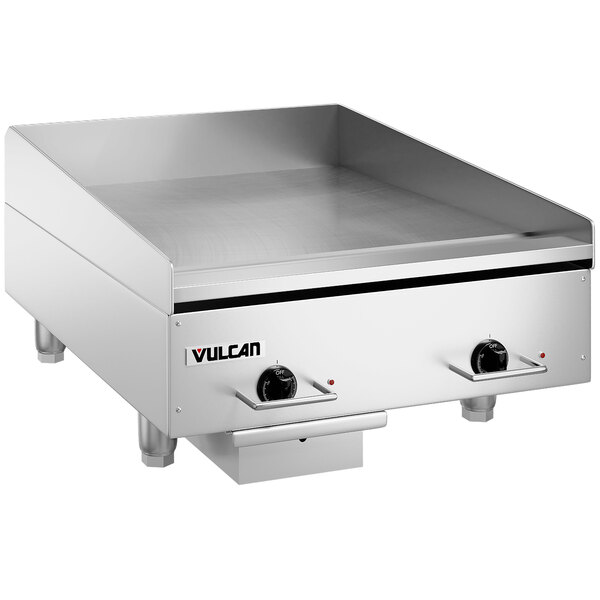 A Vulcan stainless steel countertop electric griddle with snap-action thermostatic controls.