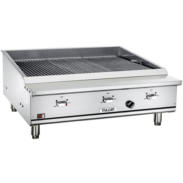 A Vulcan liquid propane infrared charbroiler on a stainless steel counter.