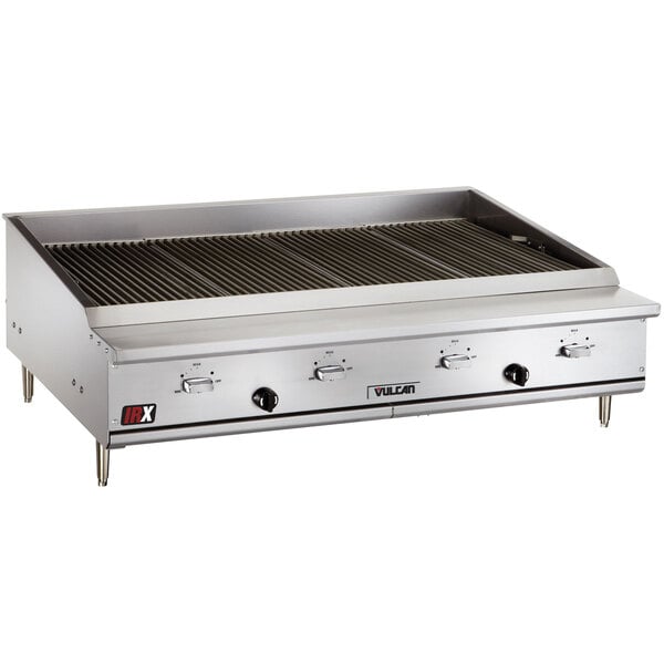 A Vulcan VTEC60 stainless steel infrared charbroiler with two burners.