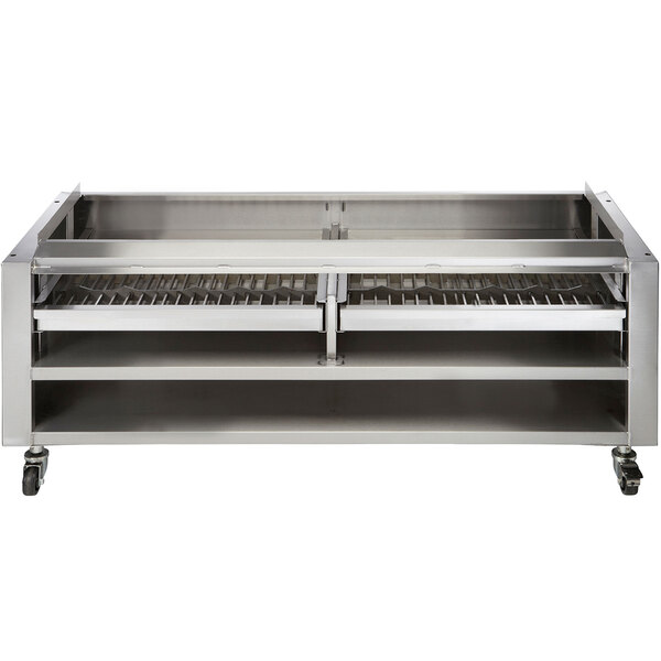 A stainless steel wood assist stand with two wood trays for a Vulcan Achiever Series charbroiler.