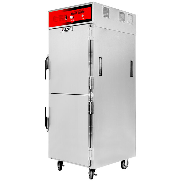 A Vulcan stainless steel cook and hold oven with a red door.