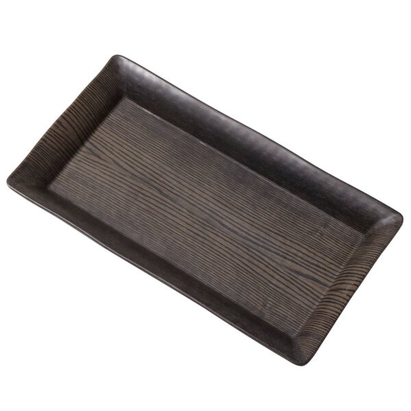 An American Metalcraft rectangular walnut melamine platter with a dark wood finish.