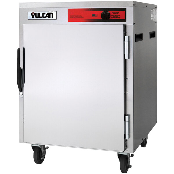 A large silver Vulcan VPT7LL pass-through heated holding cabinet with wheels.