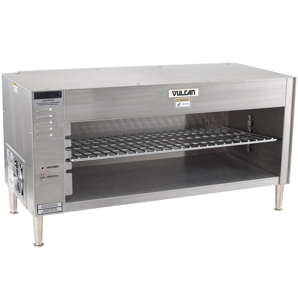 A stainless steel Vulcan countertop cheese melter with shelves.