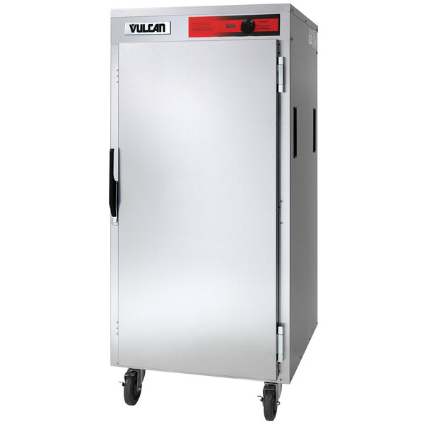 A large stainless steel Vulcan Pass-Through Heated Holding Cabinet with wheels and doors.