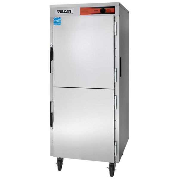 A white rectangular stainless steel Vulcan holding cabinet with black handles.