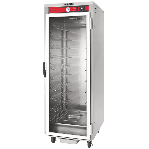 A Vulcan stainless steel holding cabinet with an open door and shelves.