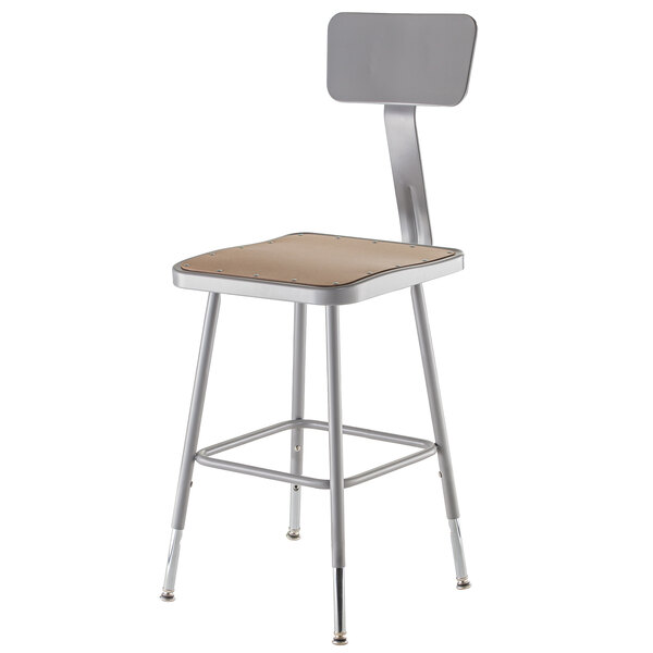 A gray metal lab stool with a hardboard seat and adjustable back.