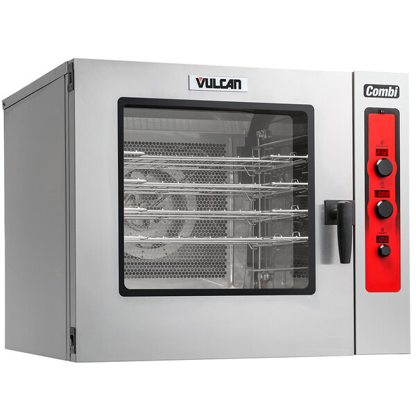 A Vulcan stainless steel electric combi oven with a glass door.
