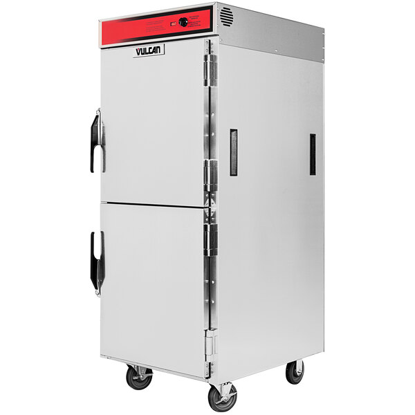 A white Vulcan heated holding cabinet with red doors on wheels.