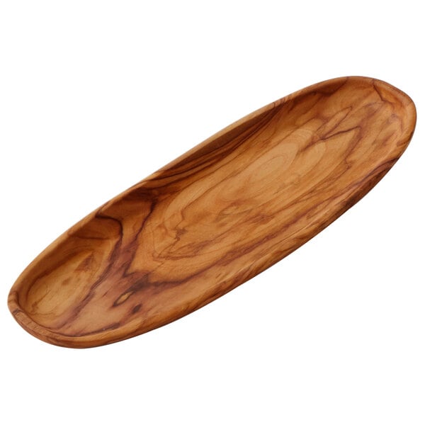 An American Metalcraft wooden oblong bowl with a long handle.