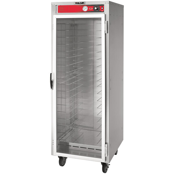 A large stainless steel Vulcan holding cabinet with shelves.