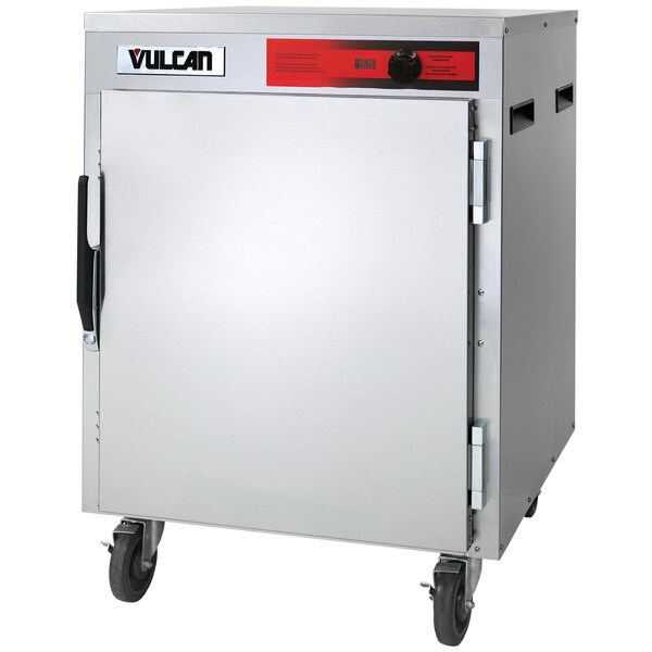 A silver Vulcan half size heated holding cabinet with wheels.