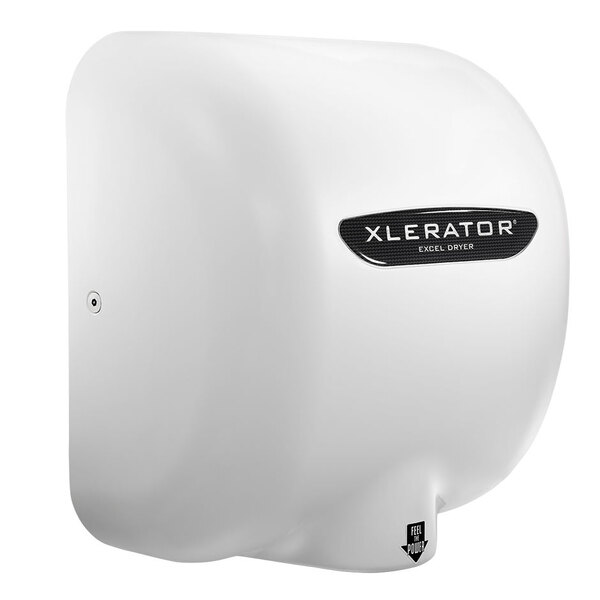 A white Excel hand dryer with a black XLERATOR label.
