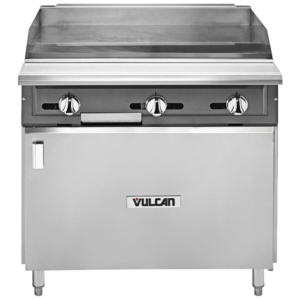 A stainless steel Vulcan V Series 36" natural gas range with griddle and cabinet.