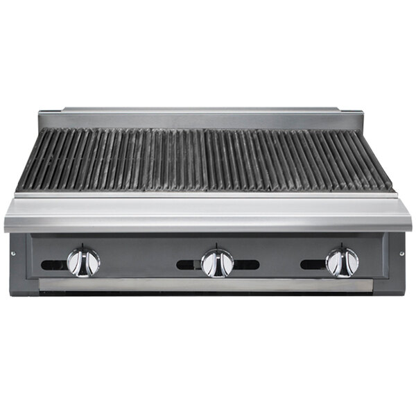 A Vulcan V Series stainless steel gas charbroiler on a counter.