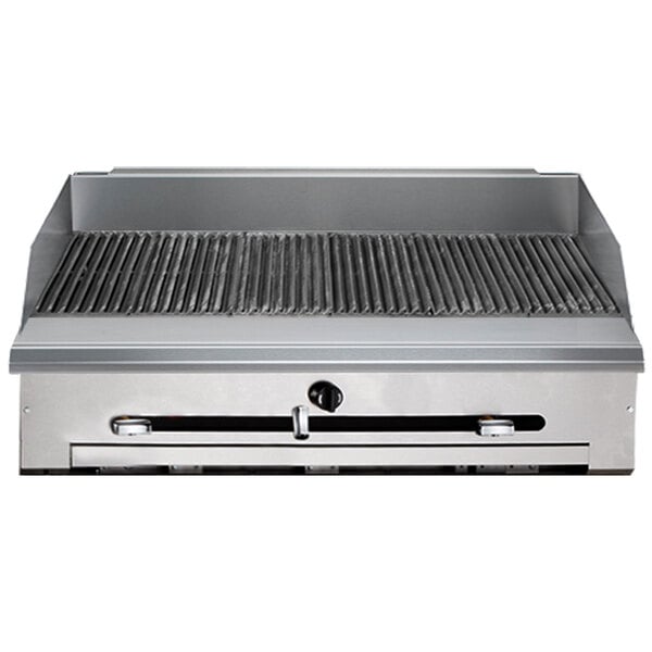 A Vulcan VTC36-NAT charbroiler grill with a metal surface and knobs.