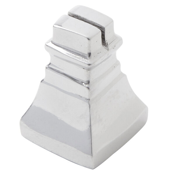 A close-up of an American Metalcraft silver cast aluminum tower card holder with a square base.