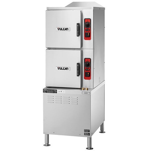 A large metal Vulcan electric floor convection steamer with red and black knobs.