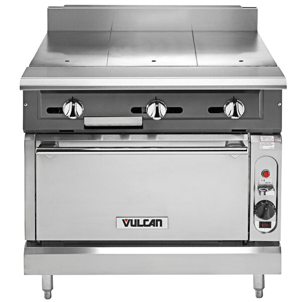 A large stainless steel Vulcan V336HC-NAT gas range with 3 burners, a 36-inch hot top, and a convection oven.