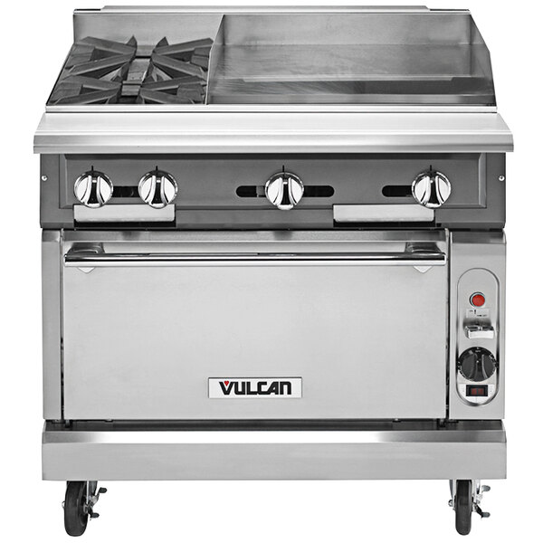 A stainless steel Vulcan V2BG24C-LP commercial gas range with wheels.