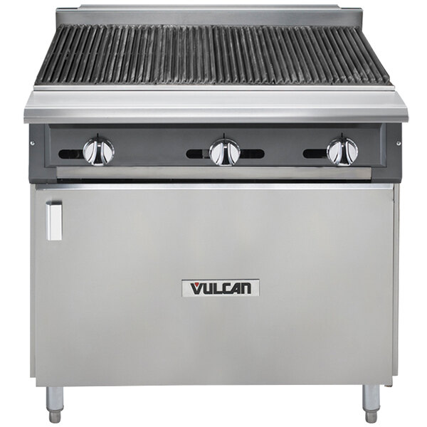 A stainless steel Vulcan V Series 36-inch gas charbroiler with a black cabinet base.