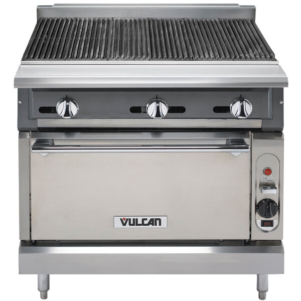 A stainless steel Vulcan 36" charbroiler with knobs and burners.