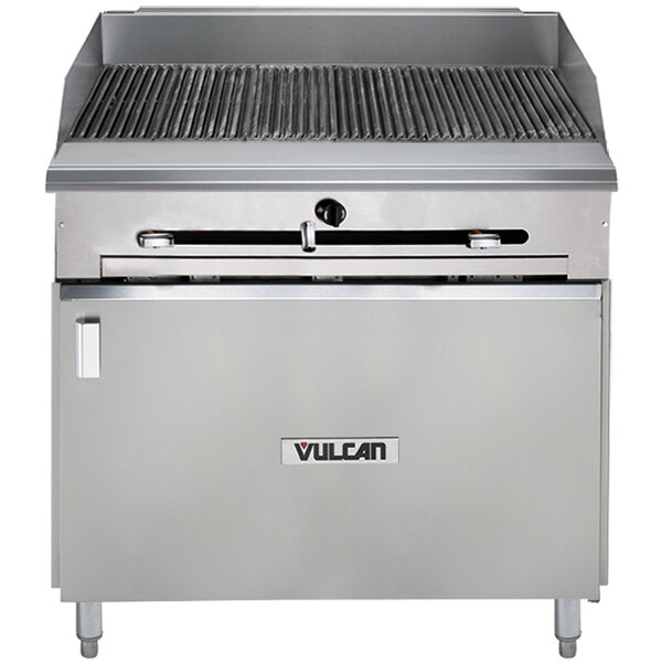 A Vulcan stainless steel gas charbroiler with a metal surface.