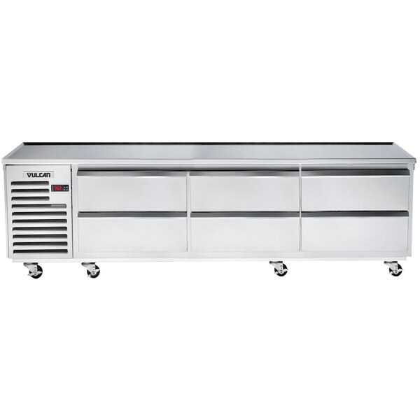 A stainless steel Vulcan 96" refrigerated chef base with 6 drawers.