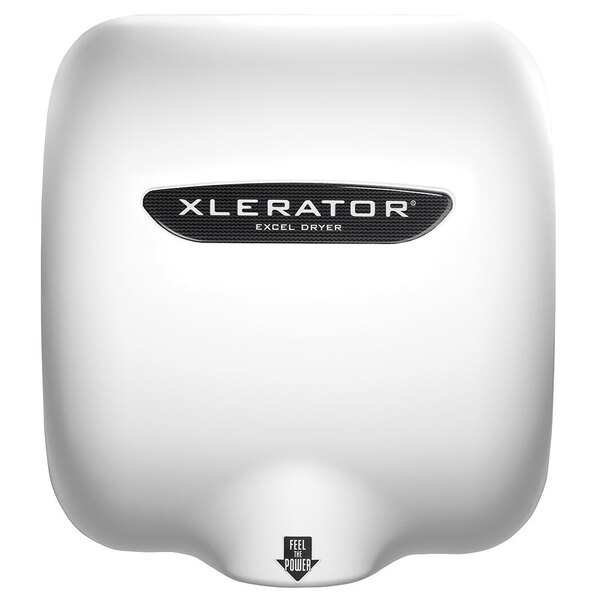A white Excel XLERATOR hand dryer with black text.