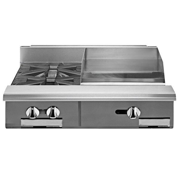 A Vulcan stainless steel commercial gas range with two burners.
