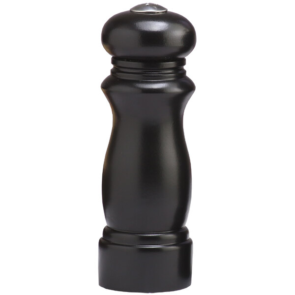 A black salt or pepper shaker with a silver top.