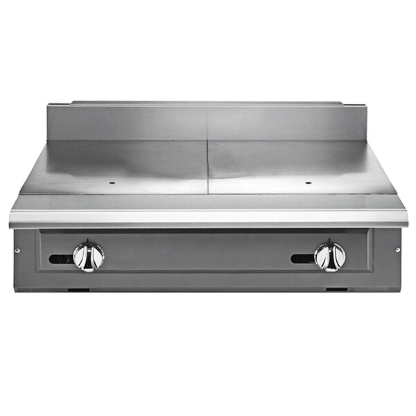 A stainless steel Vulcan V Series gas range with two hot tops.