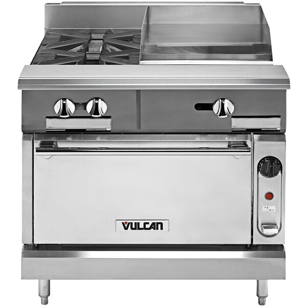 A large stainless steel Vulcan gas range with 2 burners on the right and a griddle on the left.