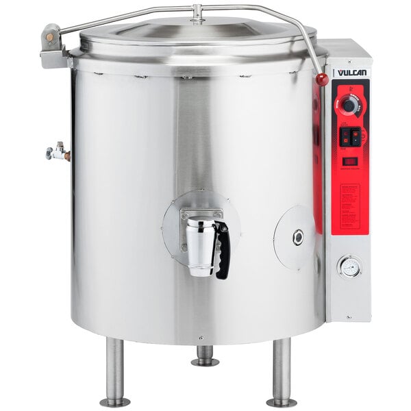 A large stainless steel Vulcan steam kettle with a silver lid.