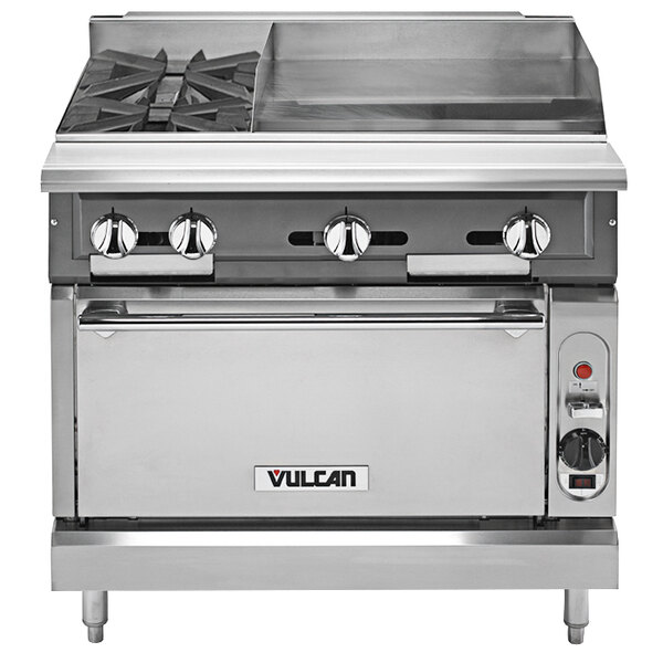 A stainless steel Vulcan V2BG4TC-LP liquid propane range with griddle, knobs, and a door.