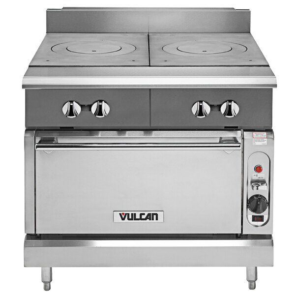 A large stainless steel Vulcan V2FT36S-LP range on a counter.