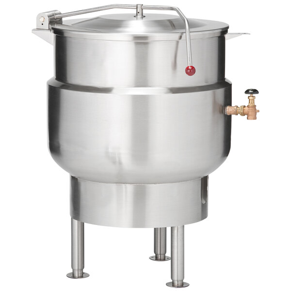 A Vulcan stainless steel stationary steam jacketed kettle with a lid and a handle.