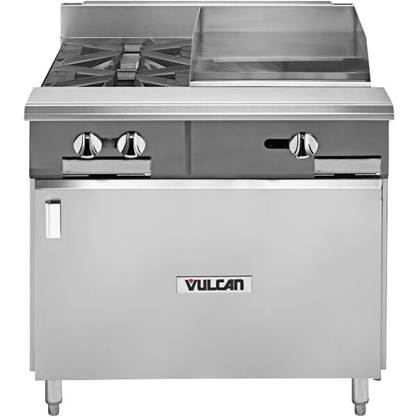 A Vulcan commercial gas range with 2 burners, an 18-inch griddle, and a cabinet base.