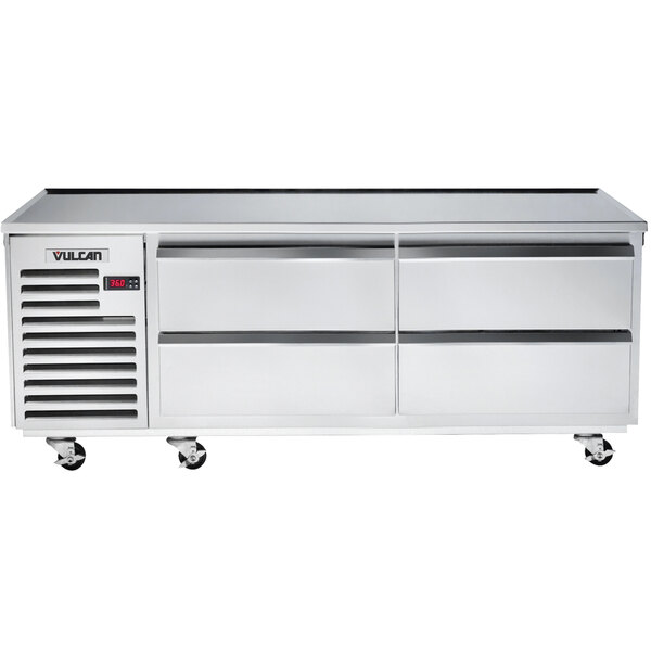 A white Vulcan 72" refrigerated chef base with drawers.