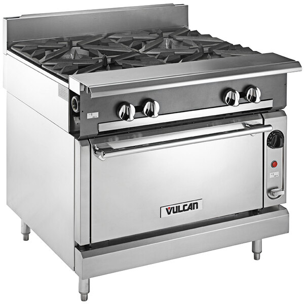 A Vulcan stainless steel 4 burner gas range on a counter.