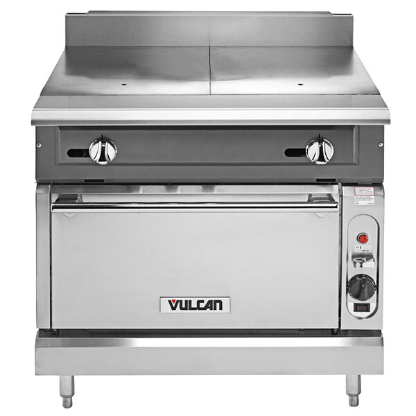 A large stainless steel Vulcan V Series natural gas range with a hot top and oven.
