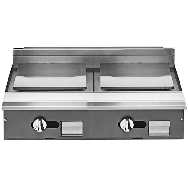 A Vulcan V Series natural gas range with two plancha tops.