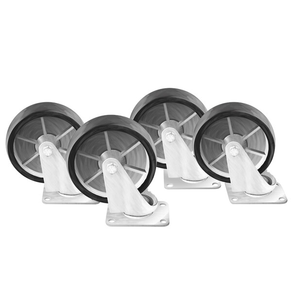 A set of four Arctic Air metal plate casters with black and white wheels.