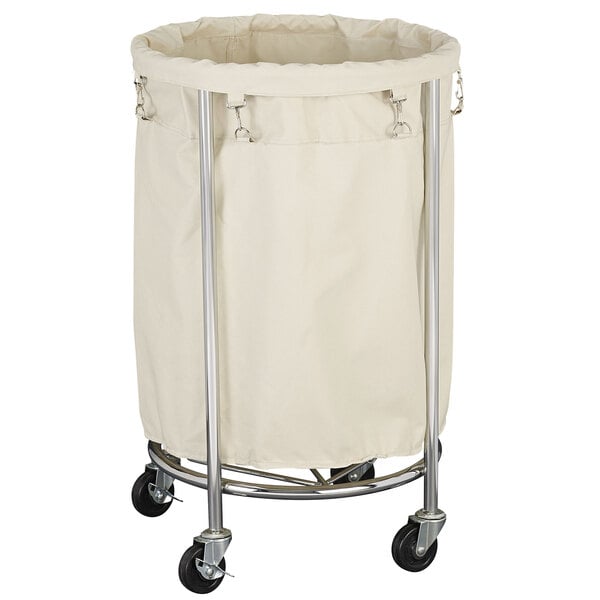 A Chrome Mobile Heavy-Duty Laundry Hamper with a white fabric bin on wheels.