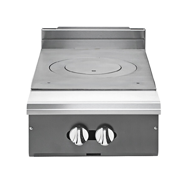 A Vulcan stainless steel liquid propane range with a French top over two burners.