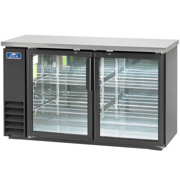 An Arctic Air black back bar refrigerator with glass doors.