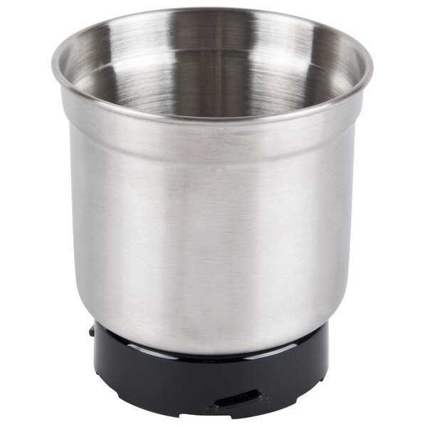 A stainless steel grinding bowl with a black lid and base.