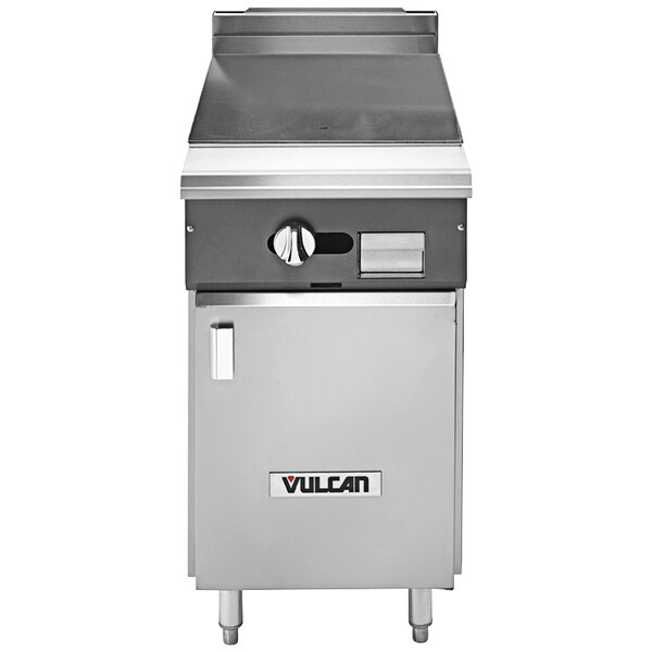 A Vulcan V series natural gas range with a hot top and cabinet base.