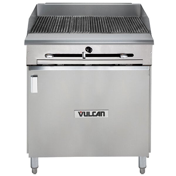 A stainless steel Vulcan 24-inch gas charbroiler with cabinet base.